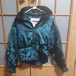 Obermeyer Womens Baroque Vintage Teal Metallic Jacket With Faux Fir Trim